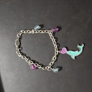 SILVER Tone Blue and Purple Enamel Dolphin Beaded Dainty Statement Bracelet
